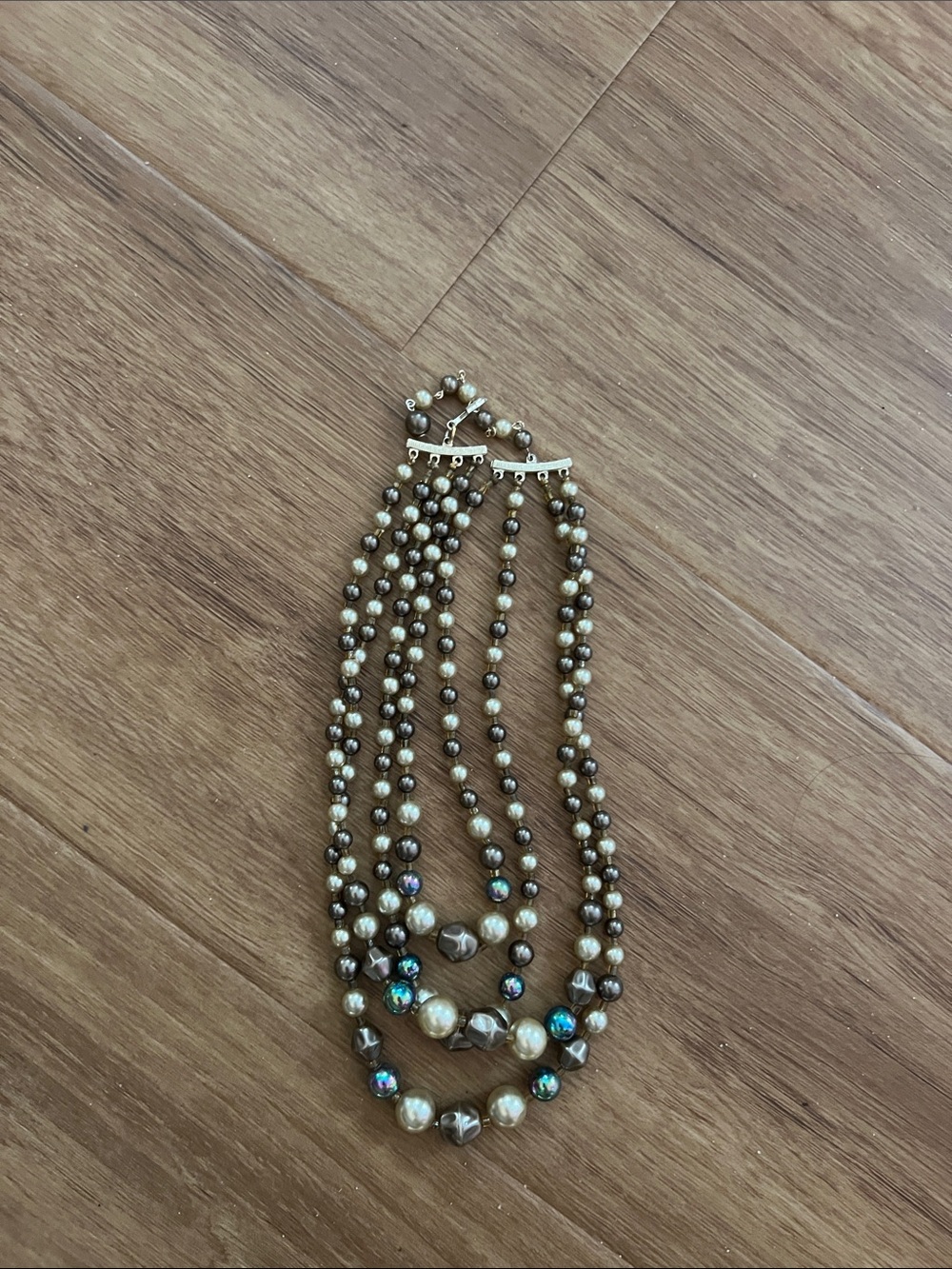 Vintage Multi-Strand Metallic and Ivory Faux Pearl Statement Necklace